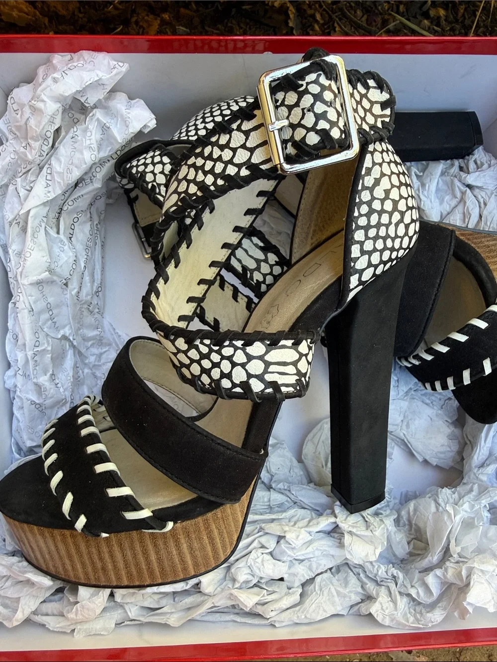 Guess Heels. Black & White Platform Heeled Sandals - Women 7.5